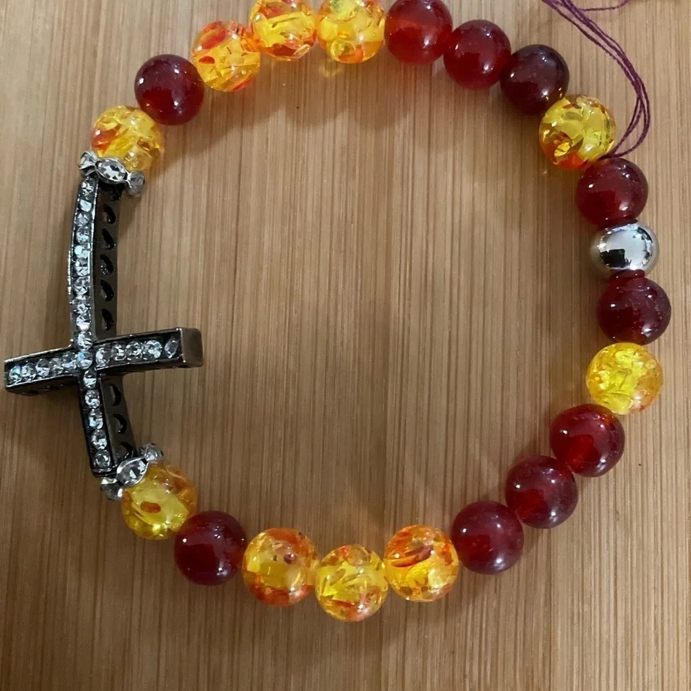 Hand Crafted Bracelet Gemstones with Rhinestone Cross Yellow Red Stretch